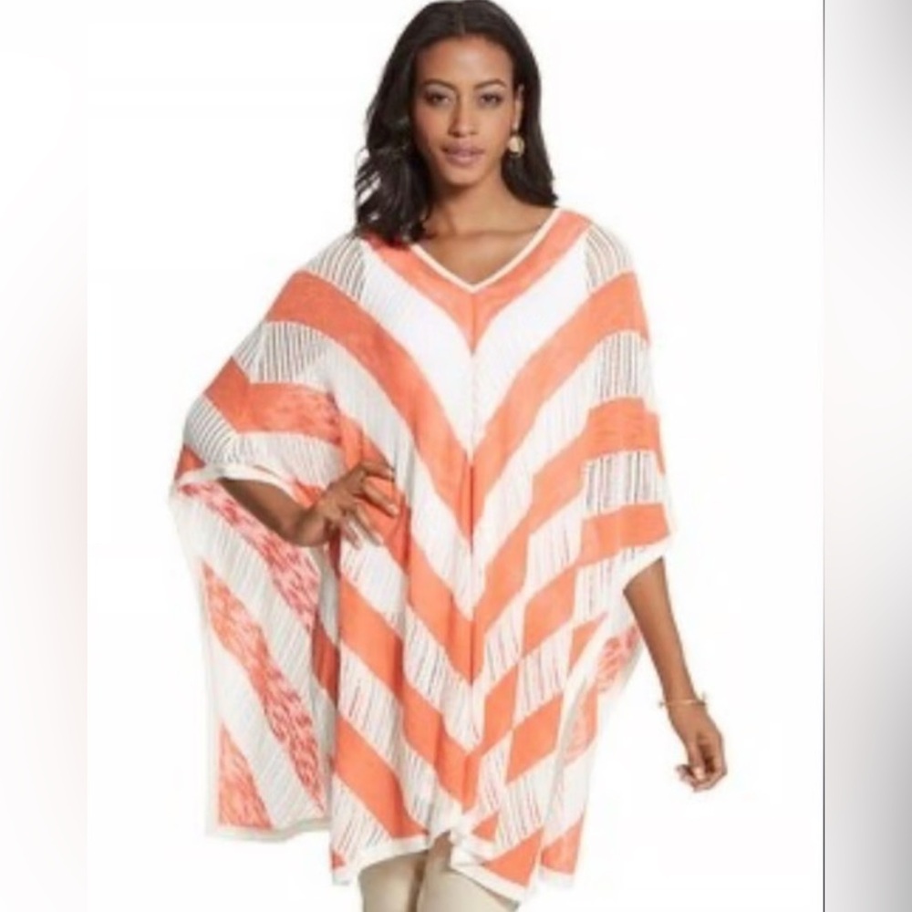Chico’s Stripe V Neck Poncho Ruana Coral White One Size